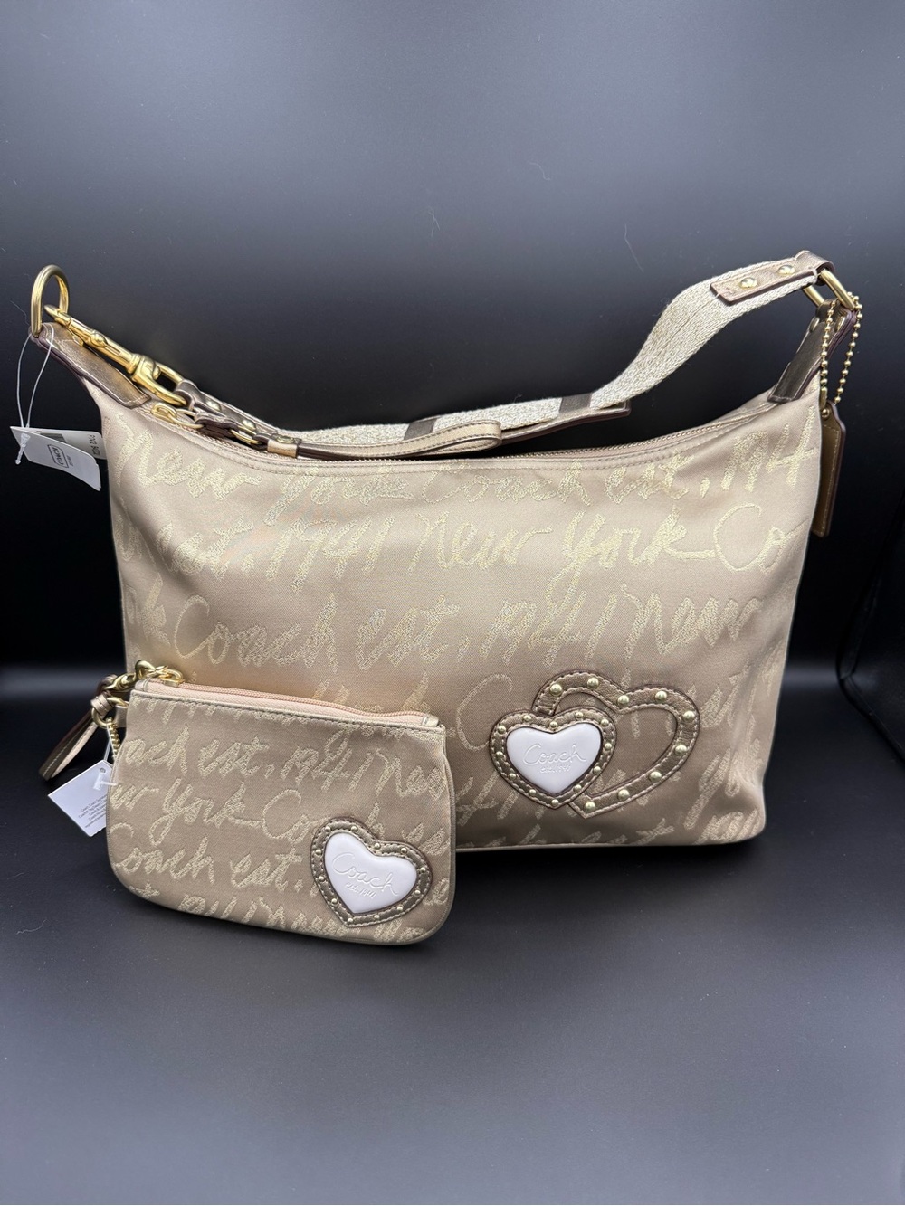 Coach Poppy Script Lurex Gold Shoulder Bag and Wristlet NWT discontinued